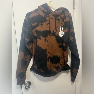 Brown and Black Tie-Dye Hoodie with Skeleton Hand Design